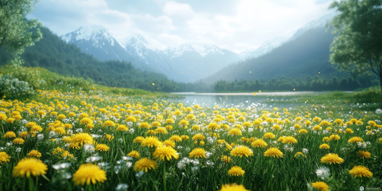 Bright dandelion field near a serene lake surrounded by mountains on a peaceful day